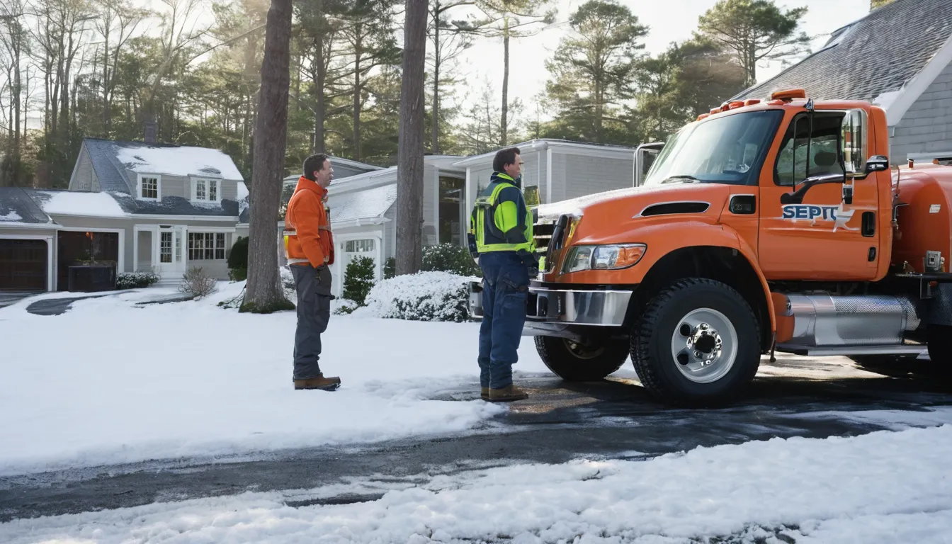 A friendly provider talking with a homeowner beside a septic access lid in a snowy yard near Danbury